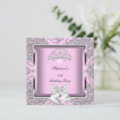Invitation Soirée d'anniversaire Elegant rose Damask Argent (Debout devant)