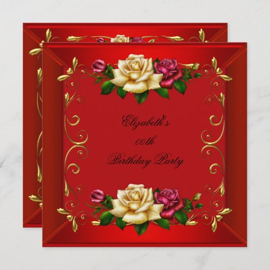 Invitation Soirée d'anniversaire Elegant Rose Red Gold (Devant / Derrière)