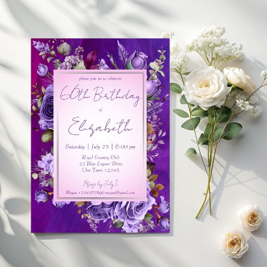 Invitation Soirée d'anniversaire élégante aux roses violets