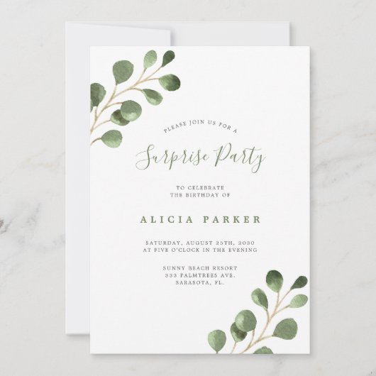 Invitation Soirée d'anniversaire feuille d'eucalyptus simple  (Devant)