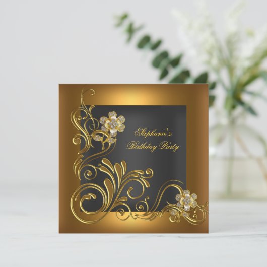 Invitation Soirée d'anniversaire Fleur d'or noir (Debout devant)