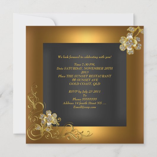 Invitation Soirée d'anniversaire Fleur d'or noir (Dos)