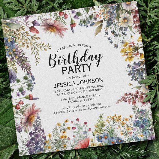 Invitation Soirée d'anniversaire Fleur sauvage élégante