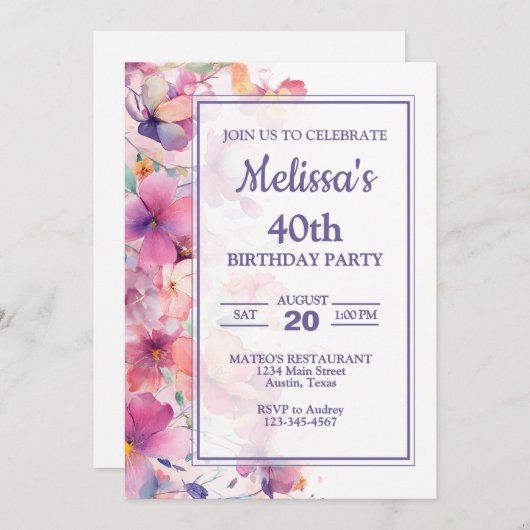 Invitation Soirée d'anniversaire florale (Devant / Derrière)