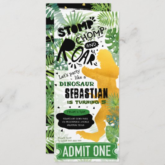 Invitation Soirée d'anniversaire Gold Dinosaur (Devant / Derrière)