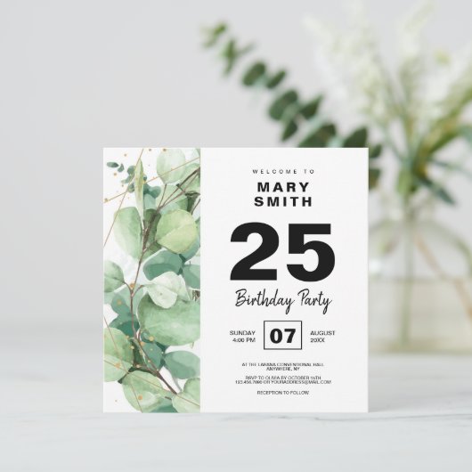 Invitation Soirée d'anniversaire joyeuse de boho eucalyptus (Debout devant)