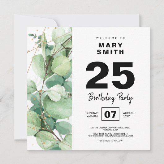 Invitation Soirée d'anniversaire joyeuse de boho eucalyptus (Devant)