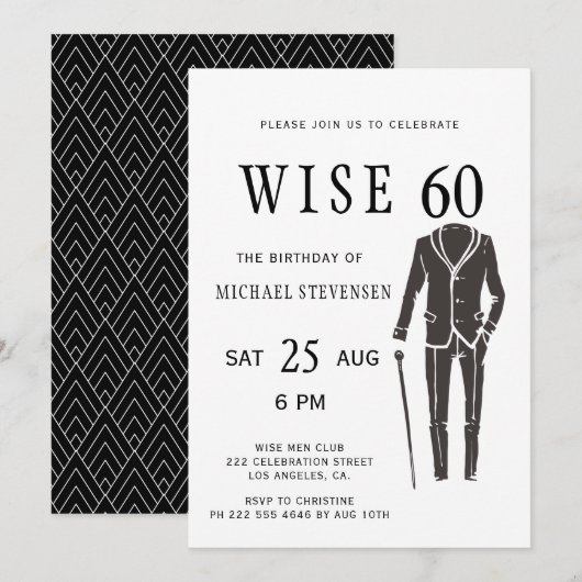 Invitation Soirée d'anniversaire masculine en noir et blanc (Devant / Derrière)
