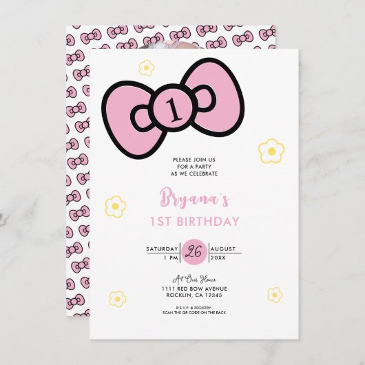 Invitation Soirée d'Anniversaire Mignonne Rose Bow (Devant / Derrière)