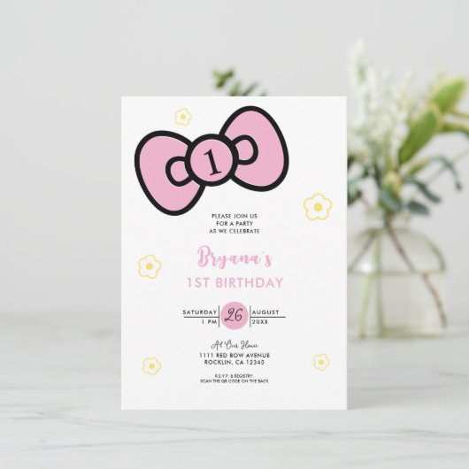 Invitation Soirée d'Anniversaire Mignonne Rose Bow (Debout devant)