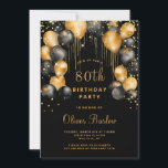 Invitation Soirée d'anniversaire moderne 80th Black Gold<br><div class="desc">Célébrez cet anniversaire marquant avec une invitation sophistiquée et moderne ! Doté d'un arrière - plan noir orné de ballons dorés chatoyants et de confettis de parties scintillant dorée scintillants. Personnalisez avec les détails de votre événement. Disponible en version imprimée, en téléchargement numérique ou les deux ! Vous pouvez ajouter...</div>
