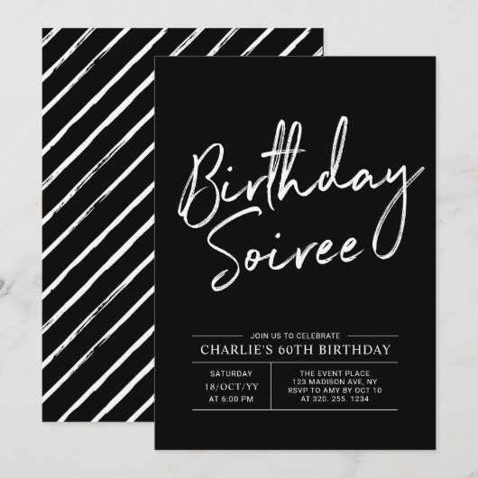 Invitation Soirée d'anniversaire moderne Noir & Blanc pour ad (Devant / Derrière)