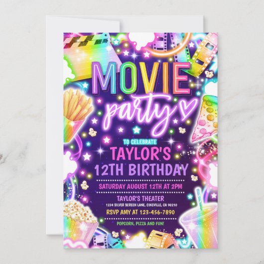 Invitation Soirée d'anniversaire Neon Rainbow Movie Party (Devant)