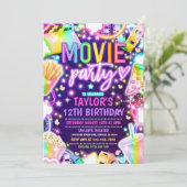 Invitation Soirée d'anniversaire Neon Rainbow Movie Party (Debout devant)