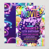 Invitation Soirée d'anniversaire Neon Rainbow Movie Party (Devant / Derrière)
