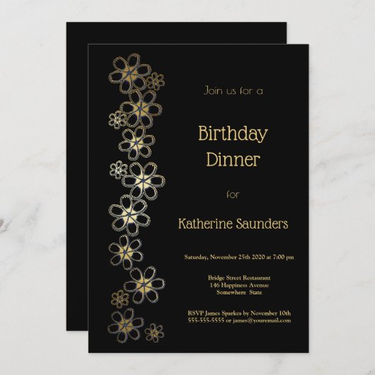 Invitation Soirée d'anniversaire noir et or (Devant / Derrière)