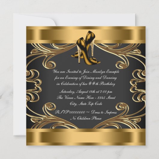 Invitation Soirée d'Anniversaire Noir et Or Haute Talon (Dos)
