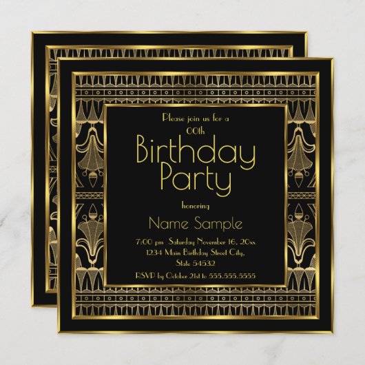Invitation Soirée d'Anniversaire Noir Gold Art Déco (Devant / Derrière)