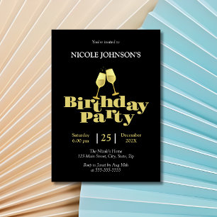 Invitation Soirée d'Anniversaire Noire Champagne Gold