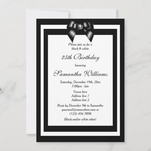 Invitation Soirée d'anniversaire noire et blanche (Devant)