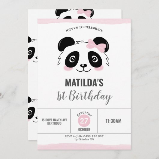 Invitation Soirée d'anniversaire Panda Rose Noir et Blanc (Devant / Derrière)