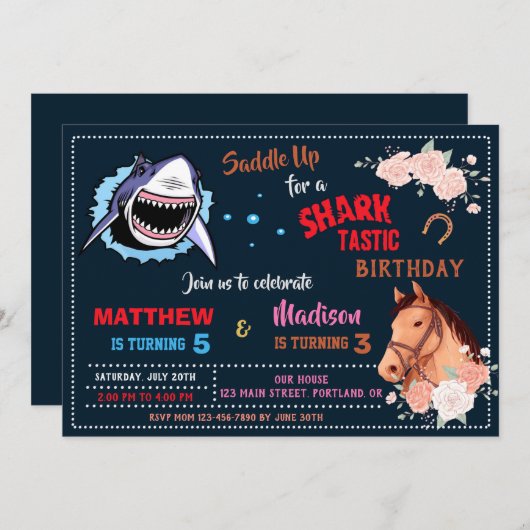 Invitation Soirée d'anniversaire pour les requins et les chev (Devant / Derrière)