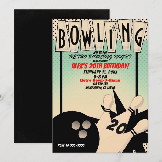 Invitation Soirée d'anniversaire rétro vintage bowling (Devant / Derrière)