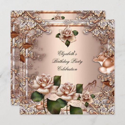 Invitation Soirée d'Anniversaire rose Beige Cream Gold (Devant / Derrière)