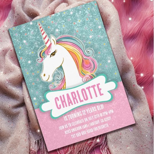 Invitation Soirée d'anniversaire rose et bleu licorne