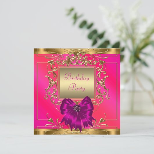 Invitation Soirée d'anniversaire rose, orange et or (Debout devant)