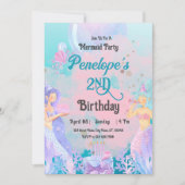 Invitation Soirée d'anniversaire rose violet bleu sirène thèm (Devant)