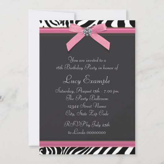 Invitation Soirée d'anniversaire rose Zebra (Dos)