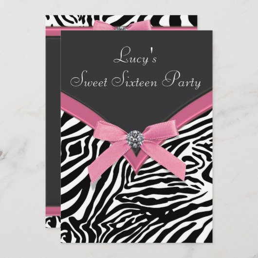 Invitation Soirée d'anniversaire rose Zebra (Devant / Derrière)