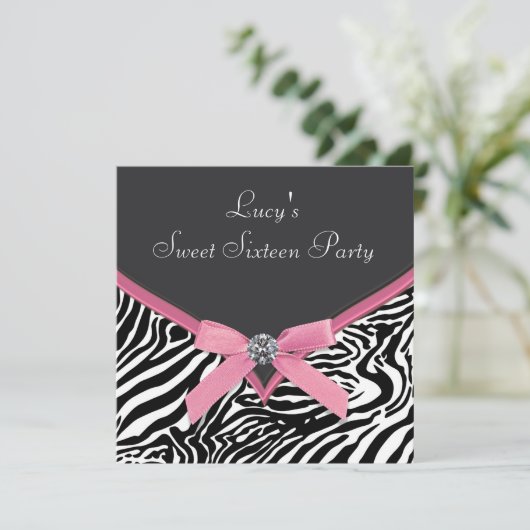 Invitation Soirée d'anniversaire rose Zebra (Debout devant)