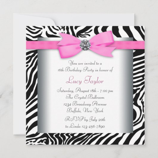 Invitation Soirée d'anniversaire rose Zebra (Dos)