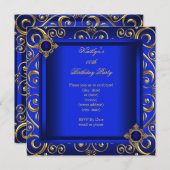 Invitation Soirée d'anniversaire Royal Blue Damask Gold (Devant / Derrière)