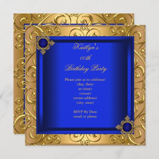 Invitation Soirée d'anniversaire Royal Blue Damask Gold (Devant / Derrière)