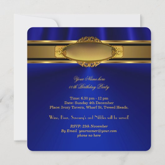 Invitation Soirée d'anniversaire Royal Blue Gold (Dos)