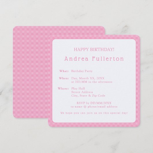 Invitation Soirée d'anniversaire simple rose (Devant / Derrière)