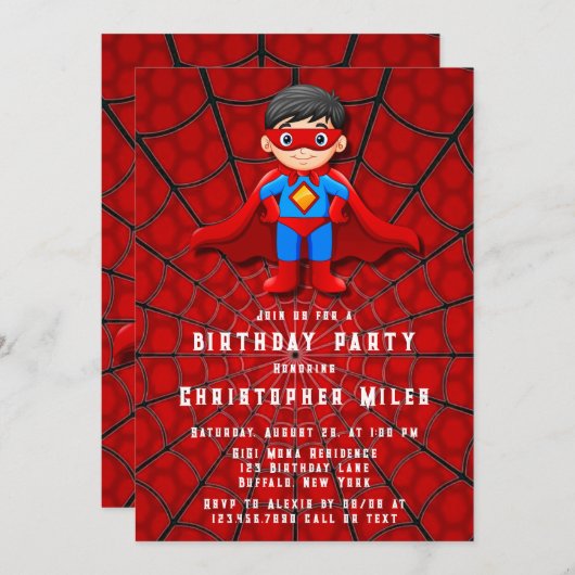 Invitation Soirée d'anniversaire SuperHero Boy (Devant / Derrière)