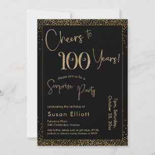Invitation Soirée d'anniversaire surprise de 100 ans, Noir