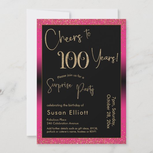Invitation Soirée d'anniversaire surprise de 100 ans, rose (Devant)