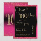 Invitation Soirée d'anniversaire surprise de 100 ans, rose (Devant / Derrière)