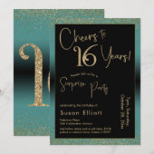 Invitation Soirée d'anniversaire surprise de 16 ans, Turquois (Devant / Derrière)