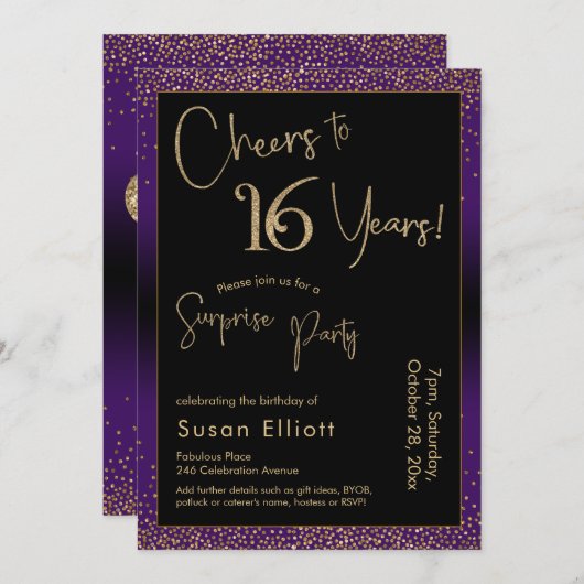 Invitation Soirée d'anniversaire surprise de 16 ans, violet (Devant / Derrière)