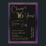 Invitation Soirée d'anniversaire surprise de 16 ans, violet<br><div class="desc">En utilisant deux polices distinctives, j'ai créé des graphiques pour votre faire-part et je les ai embelli avec un effet d'or faux-métallique pour une ambiance festive. Bien que chaque partie puisse être déplacée selon vos besoins, l'en-tête se lit comme "Cheers to 16 Years !" et "Surprise Party". ("Surprise" peut être...</div>