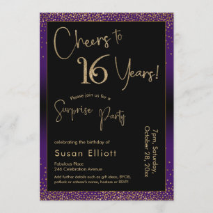 Invitation Soirée d'anniversaire surprise de 16 ans, violet