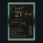 Invitation Soirée d'anniversaire surprise de 21 ans, Turquois<br><div class="desc">En utilisant deux polices distinctives, j'ai créé des graphiques pour votre faire-part et je les ai embelli avec un effet d'or faux-métallique pour une ambiance festive. Bien que chaque partie puisse être déplacée selon vos besoins, l'en-tête indique "Cheers to 21 Years !" et "Surprise Party". ("Surprise" peut être supprimé si...</div>