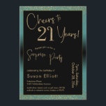 Invitation Soirée d'anniversaire surprise de 21 ans, Turquois<br><div class="desc">En utilisant deux polices distinctives, j'ai créé des graphiques pour votre faire-part et je les ai embelli avec un effet d'or faux-métallique pour une ambiance festive. Bien que chaque partie puisse être déplacée selon vos besoins, l'en-tête indique "Cheers to 21 Years !" et "Surprise Party". ("Surprise" peut être supprimé si...</div>