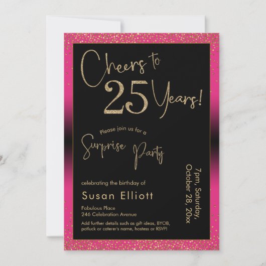Invitation Soirée d'anniversaire surprise de 25 ans, rose (Devant)